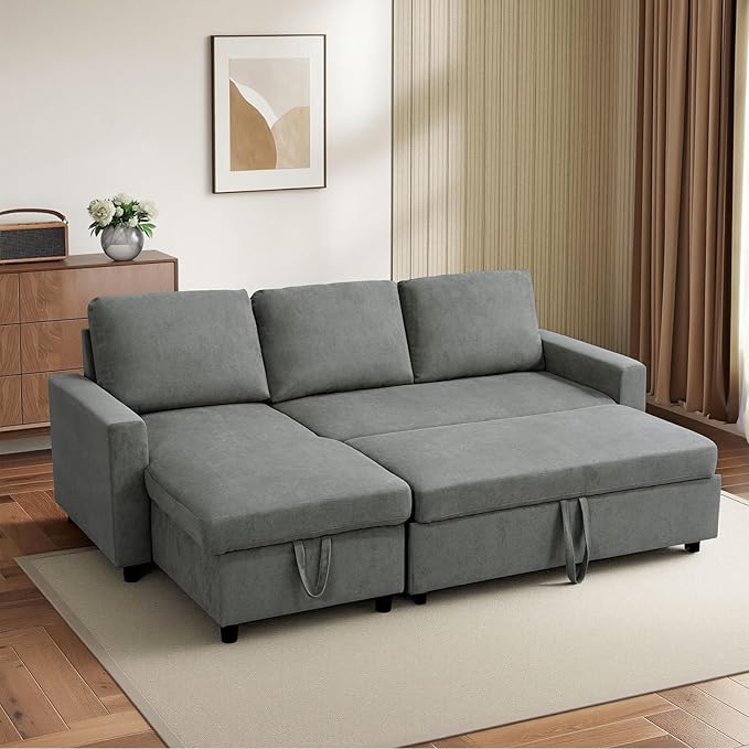 L-Shaped Sleeper Sofa with Chaise Lounge &amp Storage Pull-Out Couch Bed with Recliner Full Size Futon for Living Room Office Apartment Dark Grey
