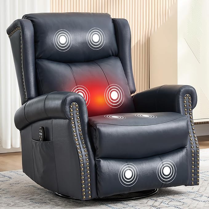 360° Swivel Glider Chair for Nursery Wingback Genuine Leather Rocking Recliner with Lumbar Heat &amp Massage 8-Point Vibration Massage for Living Room Bedroom