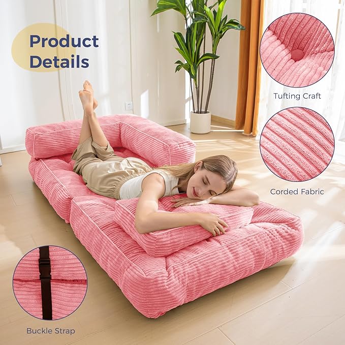 MAXYOYO Folding Sofa Bed L-Shaped Convertible Sofa with Armrest Foldable Sleeper with Pillow Portable Fold Out Chair Bed Comfy Floor Lounge for Living Room Bedroom Pink