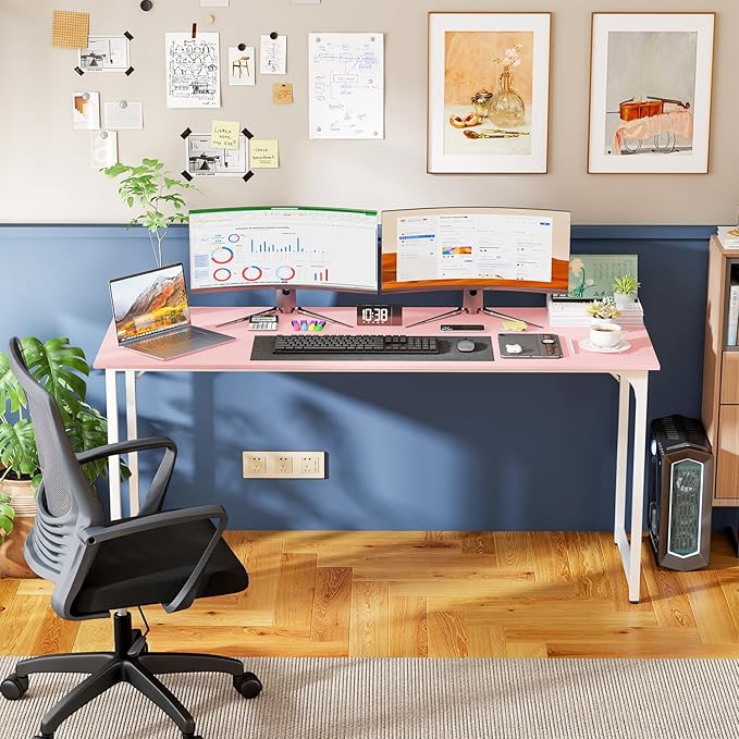 Bigacc Computer Desk Office Desk with Metal Frame Adjustable Feet | Water-Resistant Scratchproof Surface | Sturdy Writing Table for Home Office or Study (Pink 63 Inch)