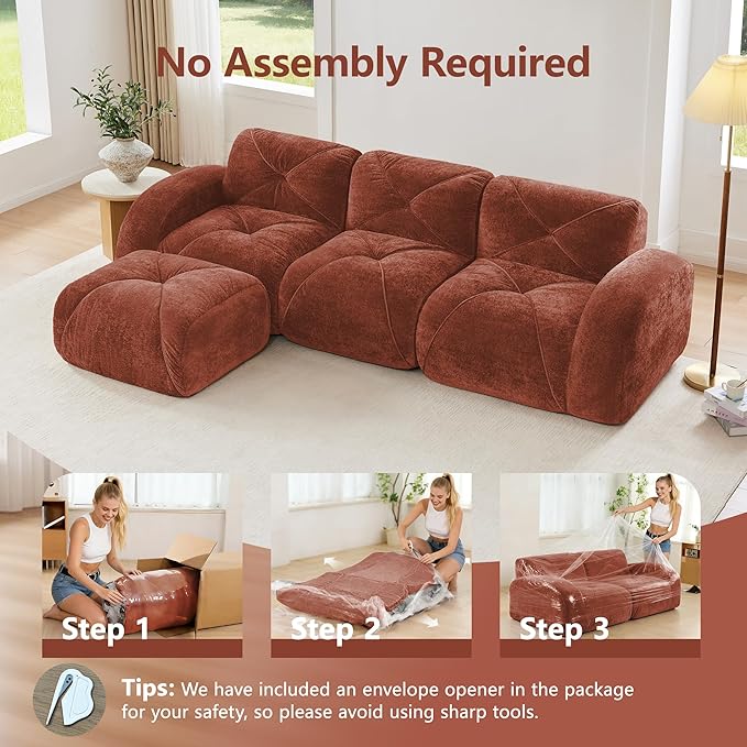110-Inch Cloud Sectional Couches L-Shaped 4 Seat Boneless Modular Sofa with Ottoman Velvet Tufted Upholstered Boneless Couch Floor Full Foam Sofas for Living Room