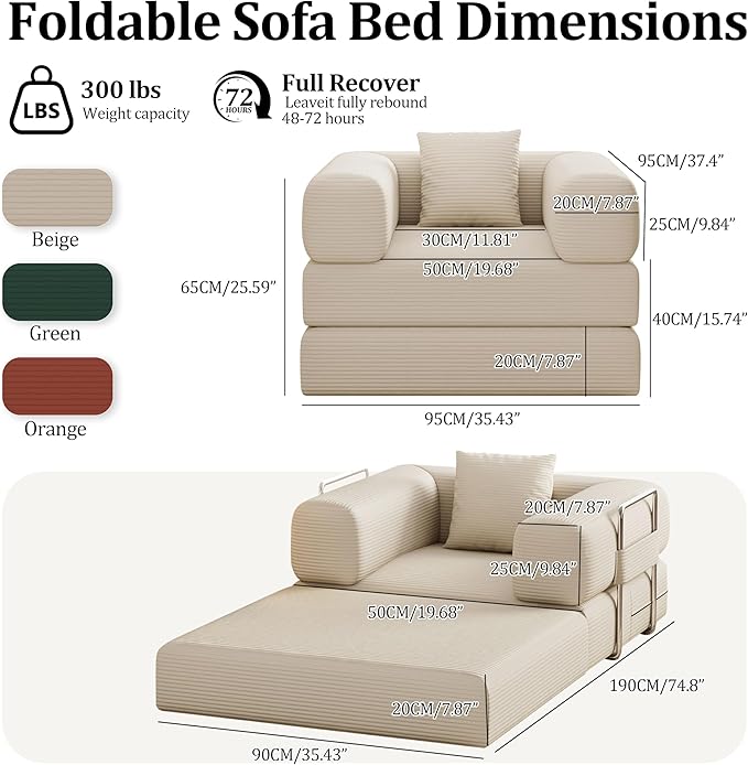 Folding Sofa Bed 2 in 1 Convertible Sofas to Lounger Comfy Single Bean Bag Chair Floor Portable Foldable Sleeper Lazy Futon Couch Chair for Bedroom Living Room (Beige 35.43 Single Sofa)