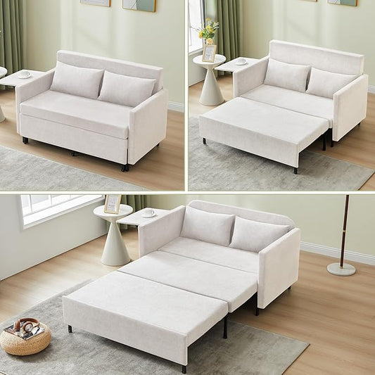QHITTY Pull Out Couch Bed 2-in-1 Sleeper Sofa Small Loveseat Bed with Hidden Side Table and Iron Frame for Living Room Small Space Apartment (White)