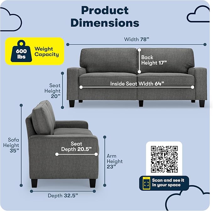 Serta Palisades 78 Track Arm Sofa Easy Care Polyester Soft Pillow Back Pocket Coil Seat Cushions Removable Covers Loveseat or Couch for Small Spaces Living Rooms or Bedrooms Gray