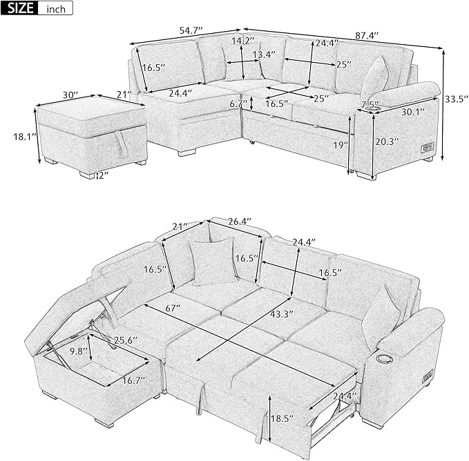 Linen L-shape Reversible Sleeper Sectional Sofa Couch with Storage Ottoman 2 in 1 Pull Out Convertible Sofa Bed with Cup Holders and USB Charging Port for Living Room Apartment Office (Grey-LI)