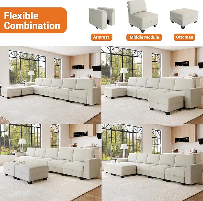140 Large u Shaped Couch Oversized Modular Sectional Sofa with Storage Ottoman 7-Seater Comfy Combination Sofa Deep Seat Couches for Living Room Beige