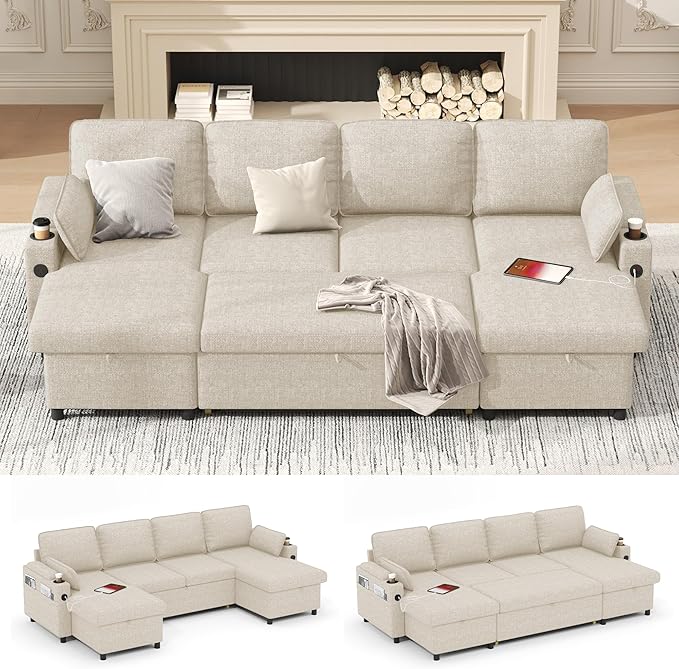 DURASPACE 104.3'' Sleeper Couch Pull Out Sofa Bed 2 in 1 Convertible Sofa Sleeper with Storage U Shaped Sectional Couch Bed for Small Spaces Living Room Bedroom Apartment (Beige)