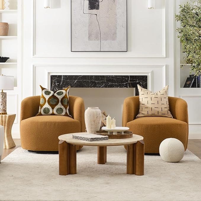 KINWELL 34 Wide Boucle Swivel Barrel Chairs Set of 2 No Assembly Round Upholstered Armchairs Accent Chairs Single Sofa Chair with Toss Pillow for Living Room and Bedroom Brown