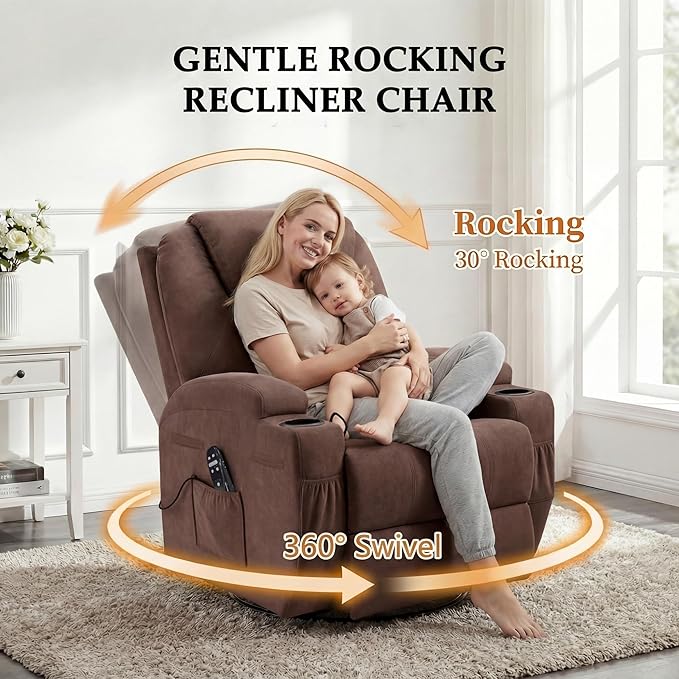 Flamaker Swivel Rocker Recliner for Adults 360 Glider Rocking Chair with Vibration Massage Upholstered Recliner Chair with 2 Cup Holders &amp Side Pockets for Living Room Nursery (Leathaire Brown
