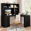 L Shaped Desk with Hutch Drawer Modern Computer Desk with USB Ports &amp Power Outlets Wood Corner Computer Desks with Storage Shelves for Home Office Black
