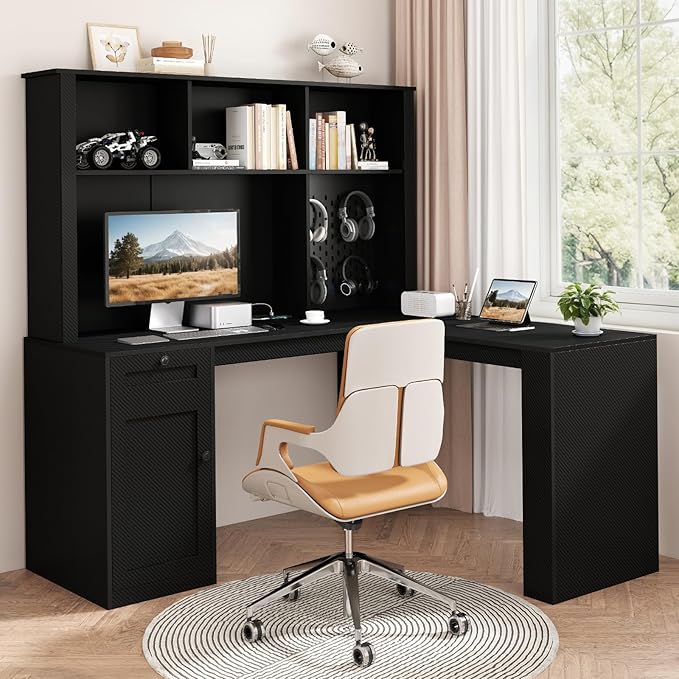 L Shaped Desk with Hutch Drawer Modern Computer Desk with USB Ports &amp Power Outlets Wood Corner Computer Desks with Storage Shelves for Home Office Black