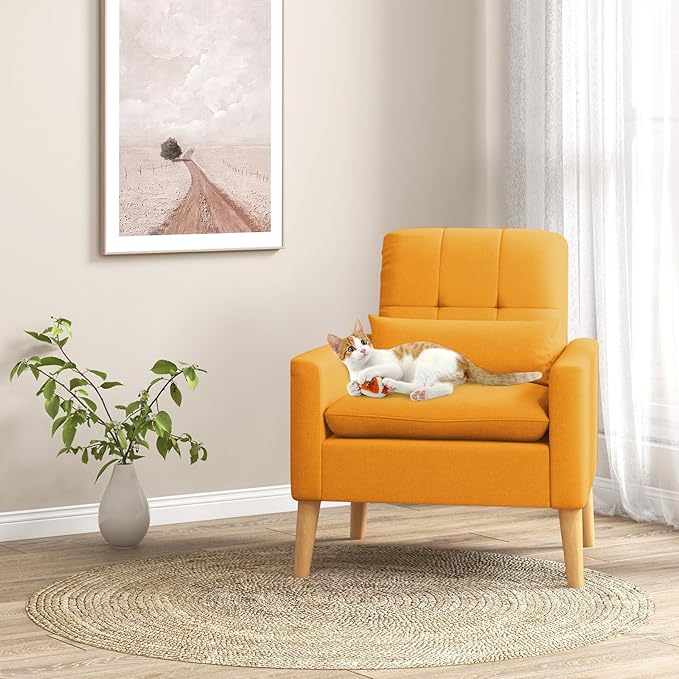 Giantex Modern Accent Chair Mid-Century Linen Fabric Armchair w/Lumbar Pillow Back &amp Seat Cushion Comfy Single Sofa Chair with Rubber Wood Legs for Living Room Bedroom Reading Room Yellow