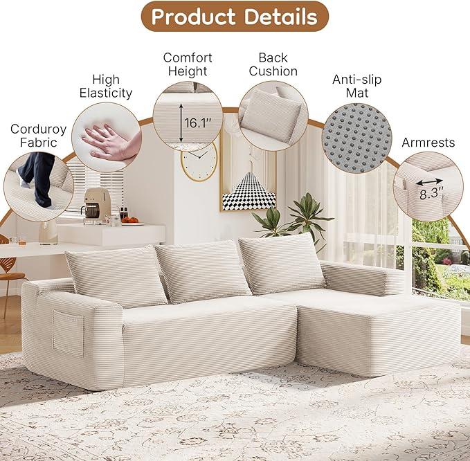 97 L Shaped Boneless Couches fo Living Room Modular Sectional Sofa White Corduroy Compression Couches for Small Spaces No Assembly Required (Right Facing Chaise)