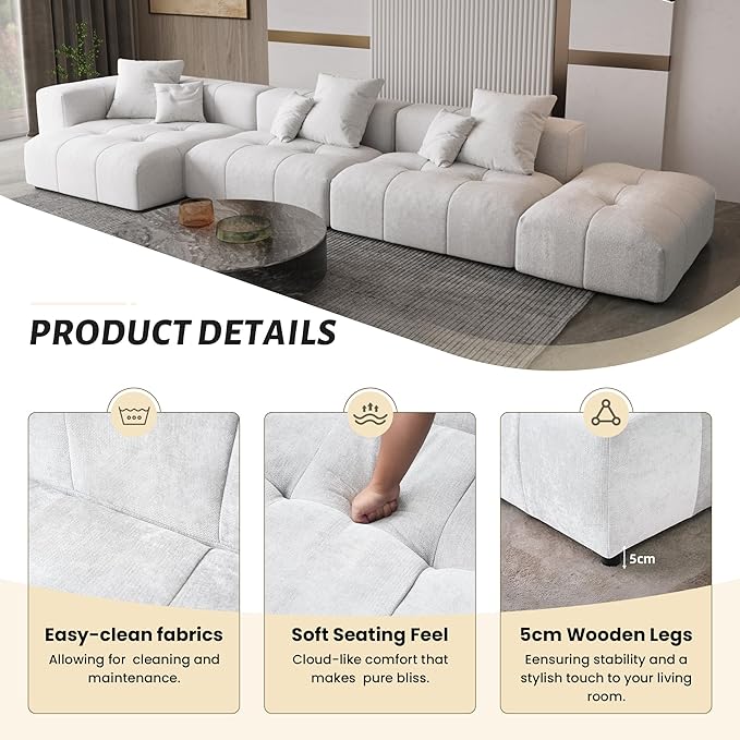 WJShome 144 Sectional Couches for Living RoomModular Sectional Sofa U Shaped Couch Linen Deep Seat Cloud Couches with Pillow for Living RoomWhite