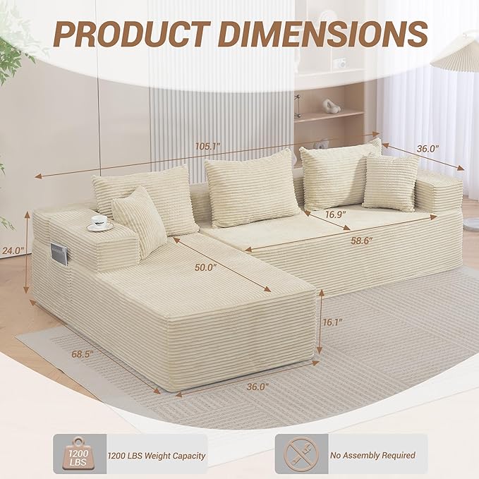 105'' Cloud Sectional Couch Modular L-Shaped Boneless Sectional Sofa Corduroy Deep Seat Couch Small Space Sofas for Living Room Bedroom Apartment No Assembly Beige