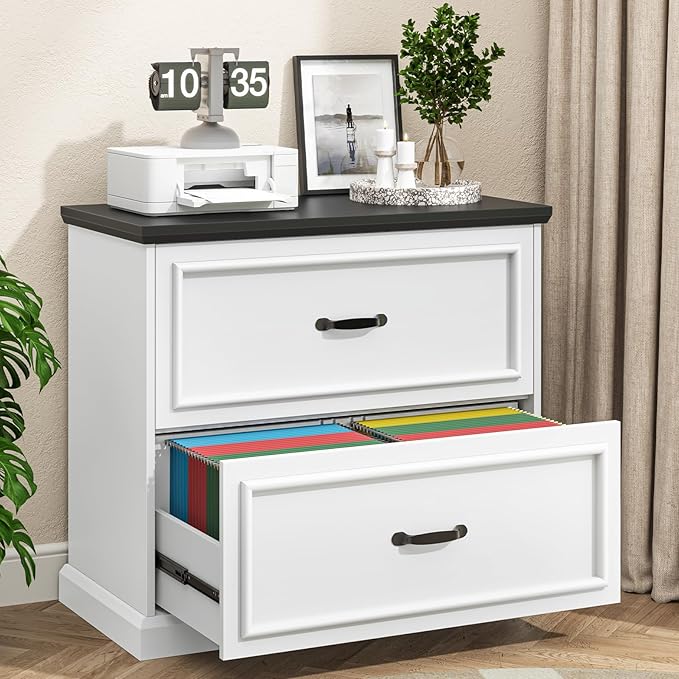 2 Drawer File Cabinet Farmhouse Lateral Filing Cabinet for Letter/A4/F4/Legal Size Hanging Files Large Wood File Storage Cabinets Printer Stand for Home Office White and Black