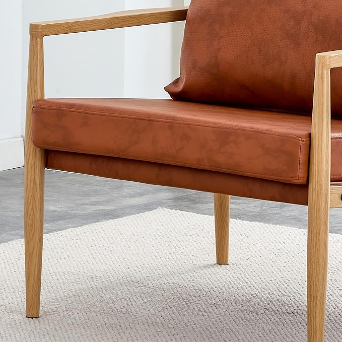 PU Leather Accent Arm Chair Mid Century Modern Upholstered Armchair with Imitation Solid Wood Color Metal Frame Extra-Thick Padded Backrest and Seat Cushion Sofa Chairs for Living Room