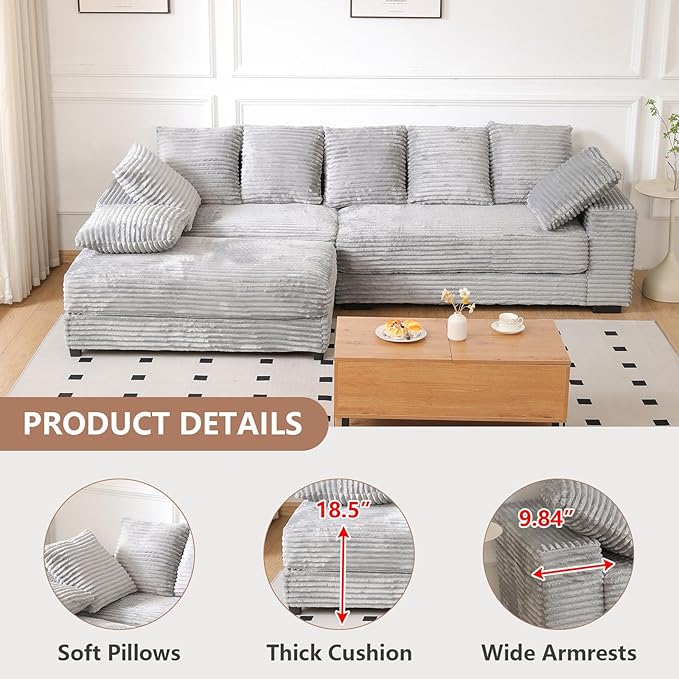 108 Oversized Sectional Sofa Modular Deep Seat Sofa Couch with Storage Ottoman Upholstered Comfy Cloud Couches with 8 Pillows Modern L-Shaped Corduroy Sofa Chaise for Living Room Apartment Gray