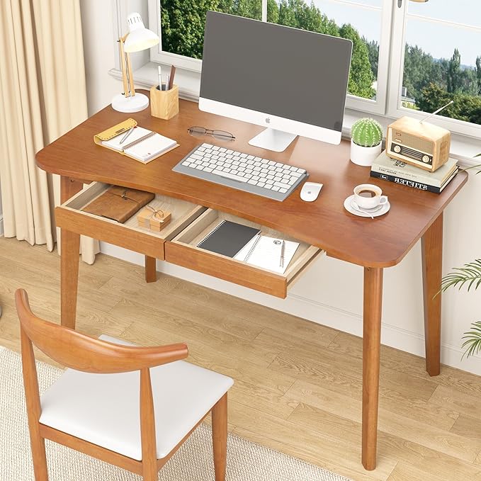 100% Solid Wood Desk with Drawers - 48 x 24 Inch Home Office Computer Desks Mid Century Modern Writing Desk with Drawers Simple Study Table Makeup Vanity - Walnut Vintage Desks