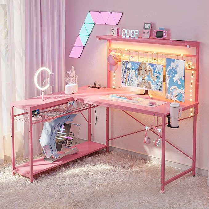 Bestier Gaming Desk 51 L-Shaped with Power Outlets &amp LED Lights- 4 Tier Shelves Reversible Gamer Table with Hooks &amp Cup Holder for Home Office Carbon Fiber Pink