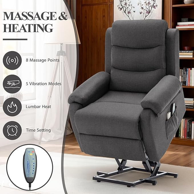 Power Lift Recliner Chair with Massage and Heat for Elderly Electric Lift Chair for Adults Small Recliner for Living Room Reading Room Recliner Saves Your Favorite Position Darkgrey
