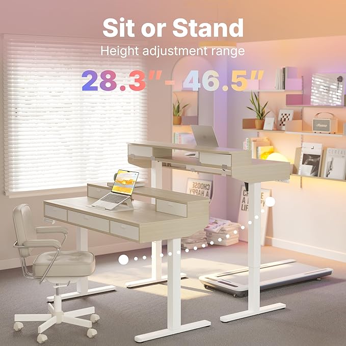 HUANUO 48 x 24 inch Electric Standing Desk with 5 Drawers Adjustable Height Sit Stand Home Office Desk C-Clamp Mount Compatible Ergonomic Stand up Desk with 4 Preset Heights Natural