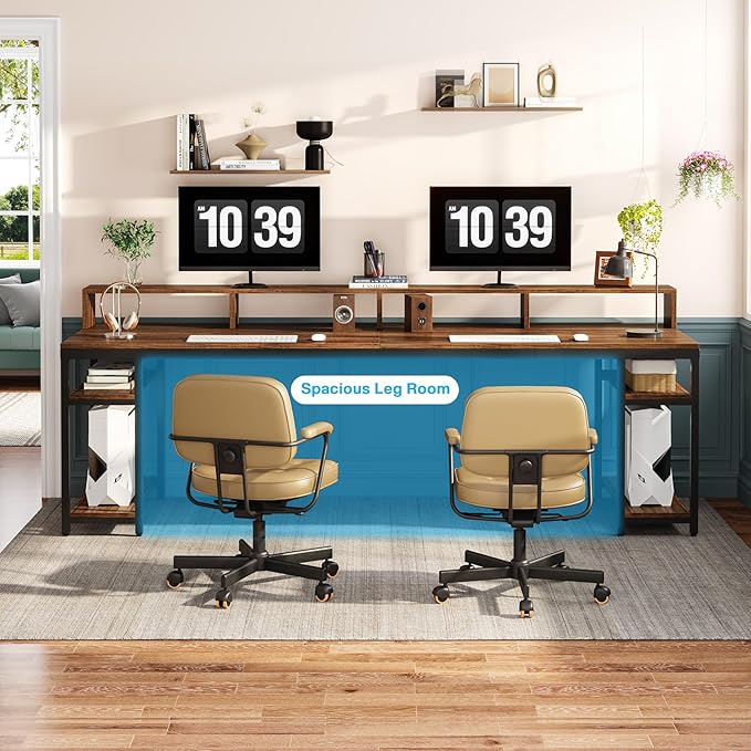 Tribesigns Two Person Desk with Monitor Stand 78.74 Long Double Computer Office Desk with Storage Shelves Large Gaming Study Writing Table Workstation for Home Office (Rustic Brown)