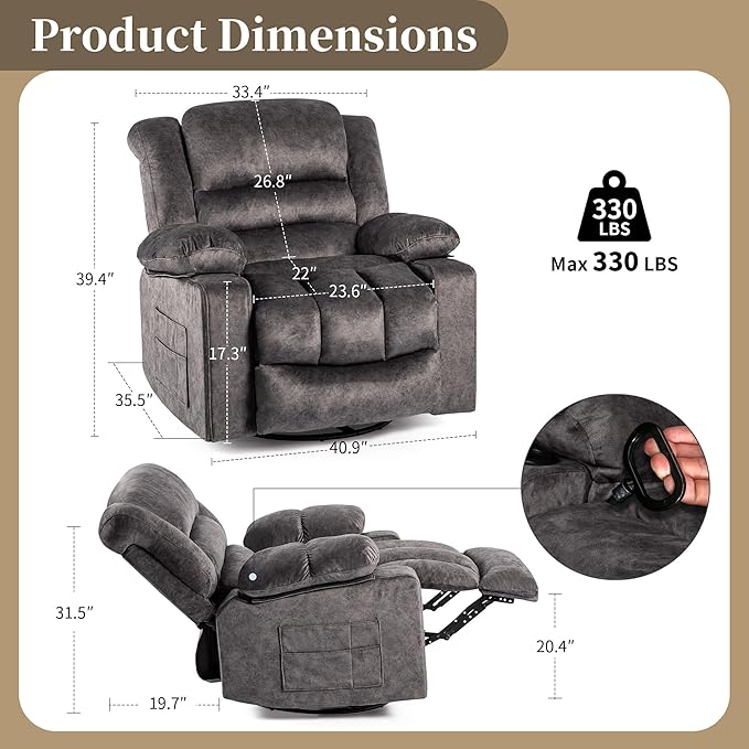 Recliner Chair Rocker Modern Ergonomic Lounge 360 Degree Swivel Single Sofa Seat Living Room Lounge Recliners (360 Swivel Dark Gray A - Flannel)