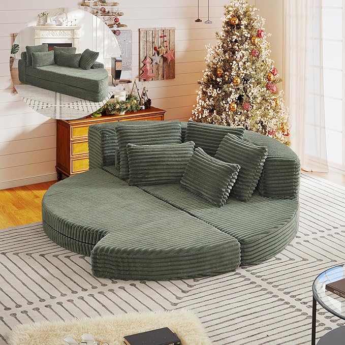 Curved Convertible Futon Sleeper Sofa Bed 78.5 Boneless Couch with Pull-Out Bed Corduroy Semi-Circular Foldable Floor Mattress for Living Room No Assembly Required Right Curved Green