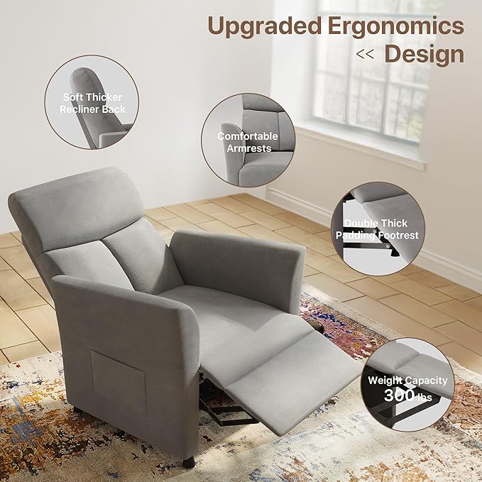 Claiks Power Recliner Chair for Adults Adjustable Reclining Chair Comfortable Recliner Couch with Side Pockets&ampWire Remote Control for Living Room Home Theater Bedroom Linen Fabric Light Gr