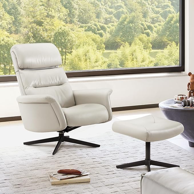 CHITA Genuine Leather Self-Weight Reclining Swivel Chair with Adjustable Headrest and Ottoman for Living Room Office Light Grey