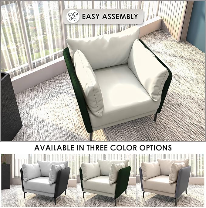 LeisureMod Modern Green Single-Seater Sofa Couch Contemporary Lounge Accent Side Armchair Upholstered in PU Leather with Metal Legs &amp Foam Filled Seat for Living Room Office Bedroom
