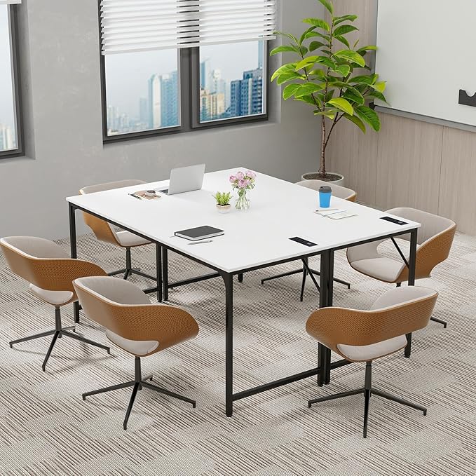 COSTWAY Home Office Desk 32 Inch Computer Desk with Recessed Power Strip Storage Bag &amp Headphone Hook Wide Desktop Modern Computer Workstation Writing Table for Home Office (White + Black)