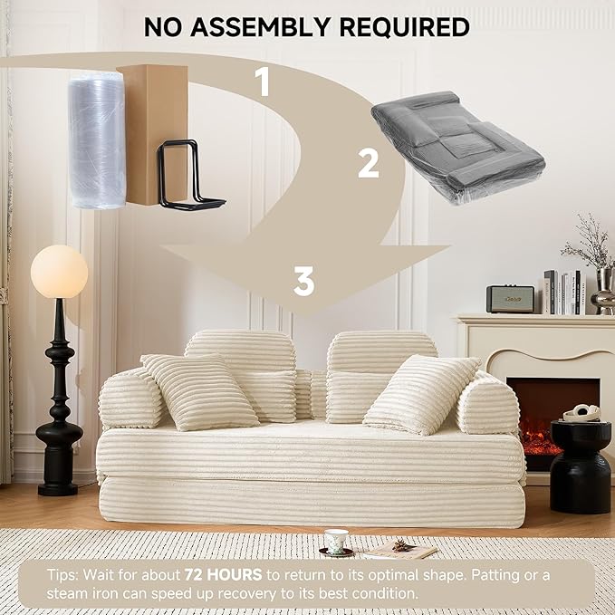 79 Sofa Bed Deep Seat 32 Sleeper Sofa 5-in-1 Convertible Sofa Bed Boneless Couch in a Box Corduroy Floor Futon with Thickened backrest and Headrest Pillows Side Pockets White