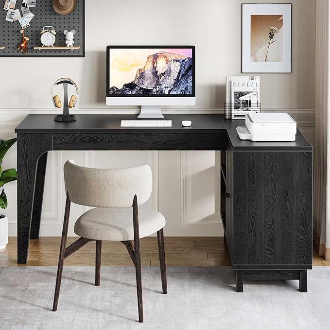 Tribesigns L-Shaped Desk with Storage Cabinet 57-Inch Wood Corner Workstation Home Office Computer Desk Study Writing Table (Black)