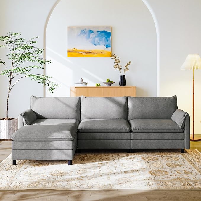 FLEXISPOT SF6 Cloud Sectional Couch for Living Room with Reversible Ottoman 100.4 L-Shaped Modular Sectional Sofa with Storage 3-Seater Comfy Sofa Couch for Apartment Chenille Gray
