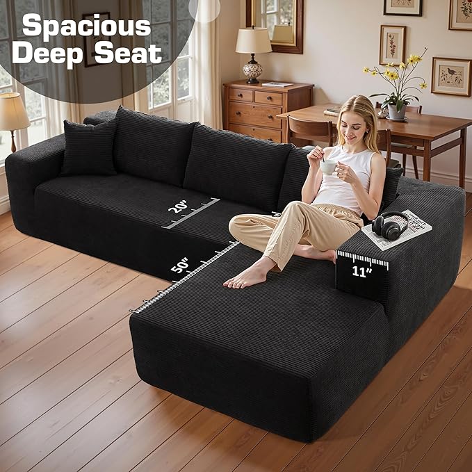 106 Cloud Sectional Couch with Chaise LoungeL Shaped Modular Modern SofaComfy Corduroy Fluffy Sofa with Deep SeatNo Assembly Required Couch for Living Room(RightStripe CorduroyBlack)