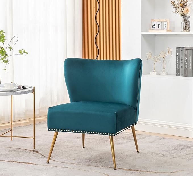 Thia Armless Velvet Accent Chair for Living Room Elegant Seat with Nailhead Trim Gold Metal Legs and Comfortable Curved Back 28 D x 25 W x 29.5 H Bluish Green