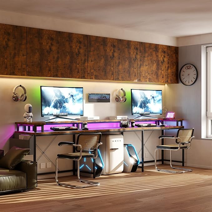 U Shaped Desk with Power Outlets USB Ports &amp RGB LED Lights 79 Inch Large Corner Computer Desk with Monitor Stand Reversible Gaming Desk for Home Office Ergonomic Workstation (Rustic Brown)