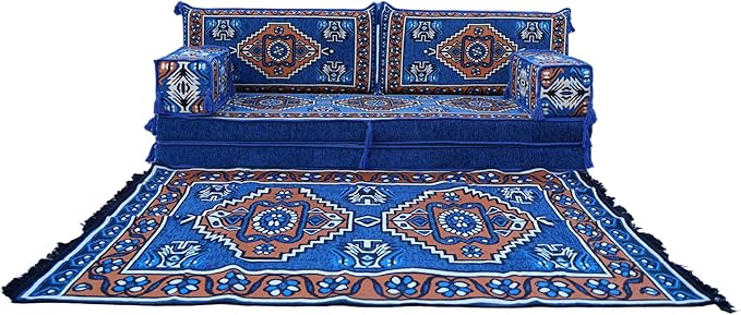 arabicsofa 8 Inch Thick Royal Blue Arabic Floor Cushion – Handmade Modular Majlis Seating with Backrest Pillows