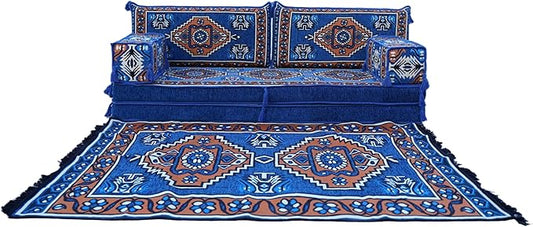 arabicsofa 8 Inch Thick Royal Blue Arabic Floor Cushion – Handmade Modular Majlis Seating with Backrest Pillows