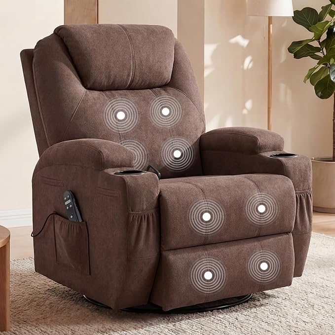 Flamaker Swivel Rocker Recliner for Adults 360 Glider Rocking Chair with Vibration Massage Upholstered Recliner Chair with 2 Cup Holders &amp Side Pockets for Living Room Nursery (Leathaire Brown