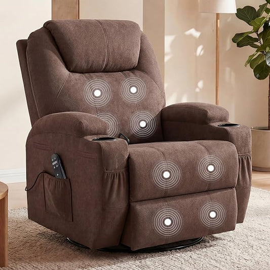 Flamaker Swivel Rocker Recliner for Adults 360 Glider Rocking Chair with Vibration Massage Upholstered Recliner Chair with 2 Cup Holders &amp Side Pockets for Living Room Nursery (Leathaire Brown
