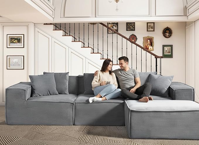 Rowan Convertible Corduroy Sectional Couch with Ottoman &amp Pillows Modular L Shaped Sleeper Sofa Boneless Cloud Couch for Living Room Furniture Dark Grey
