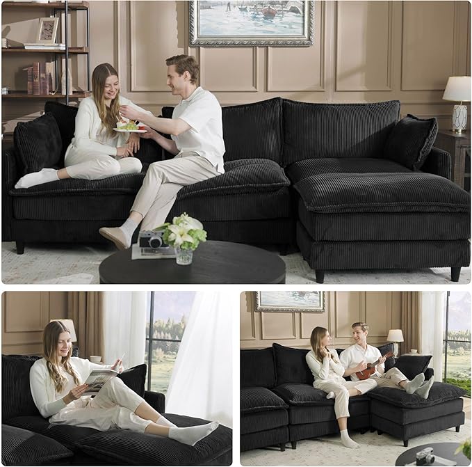 Apicizon 108 Cloud Couch Sectional L Shaped Cloud Sofa with Side Storage Pocket Modern Corduroy Sofa Set for Living Room Office Black