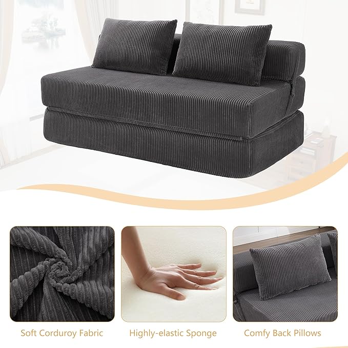Folding Sofa Bed Full Size Modern Corduroy Floor Boneless Loveseat Couch Bed with 2 Pillows Comfy 3 in 1 Convertible Sleeper Sofa for Living Room Apartment Dorm Small Space Grey