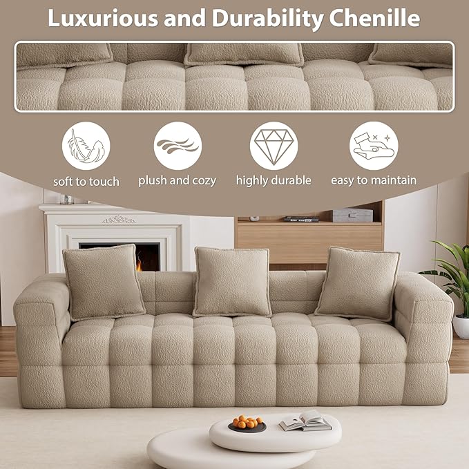 91.3 Boneless CouchComfy Cloud Sectional Sofa with Deep SeatModern Upholstered Chenille Love Seat Sofa Oversized Couches for Living Room No Assembly Required Tufted Sofas Light Brown