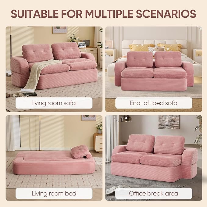 Sofa Bed Couch Convertible Futon Sofa Bed Foldable Boneless Couch No Assembly Love Seat Mattress Sleeper for Living Room Bedroom Apartment Pink