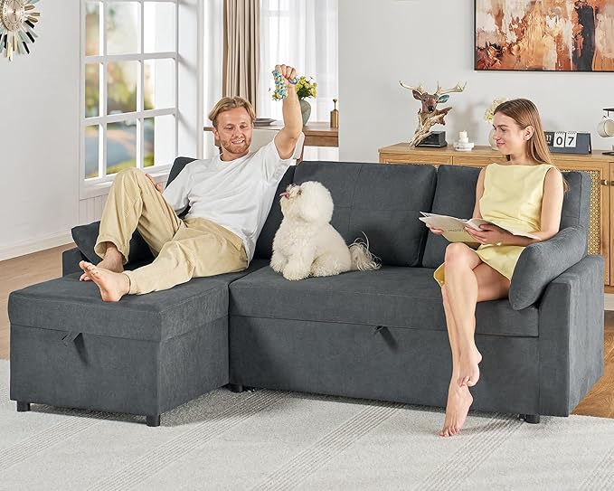 AMERLIFE Sleeper Sofa 2-in-1 Sofa Bed with Storage Chaise Pull Out Sofa Couch for Living Room Guest Room Linen Grey