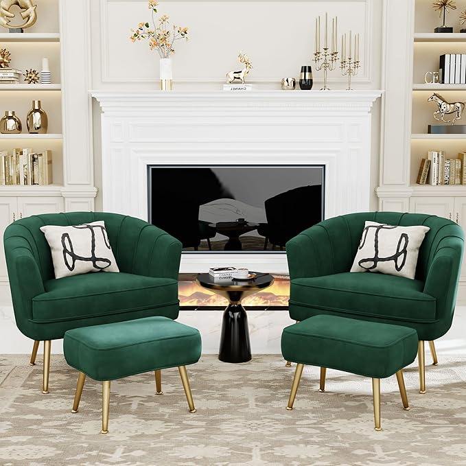 Andeworld Velvet Accent Chair with Ottoman Upholstered Modern Single Sofa Side ChairComfy Barrel Club Living Room Armchair with Golden Metal Legs for Bedroom Living Reading Room Office Green